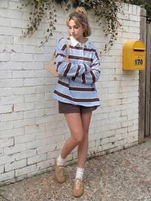 Áo polo nữ tay dài kẻ sọc kiểu rugby, màu xanh nhạt/cổ áo tương phản nâu, dáng rộng. Thiết kế phong cách thể thao cổ điển với cổ áo và cúc cài, thích hợp cho mùa xuân. - Màu xanh lam - Xem 4