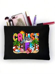 Cruise Theme Linen Canvas Tote Bag And Storage Bag Set, Printed With "Cruise Life" Patterns Of Coconut Tree, Seashell, Dolphin, Starfish, Tote Bag And Cosmetic Bag, Foldable Lightweight Storage Bag, Beach Essential, Large Capacity Linen Shopping Bag, Suitable For Women In Summer - MultiWarna - View 13