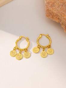 1 对镀金铜币吊坠耳环，女士时尚耳环，阿拉伯婚礼珠宝 - 金色 - 查看 5