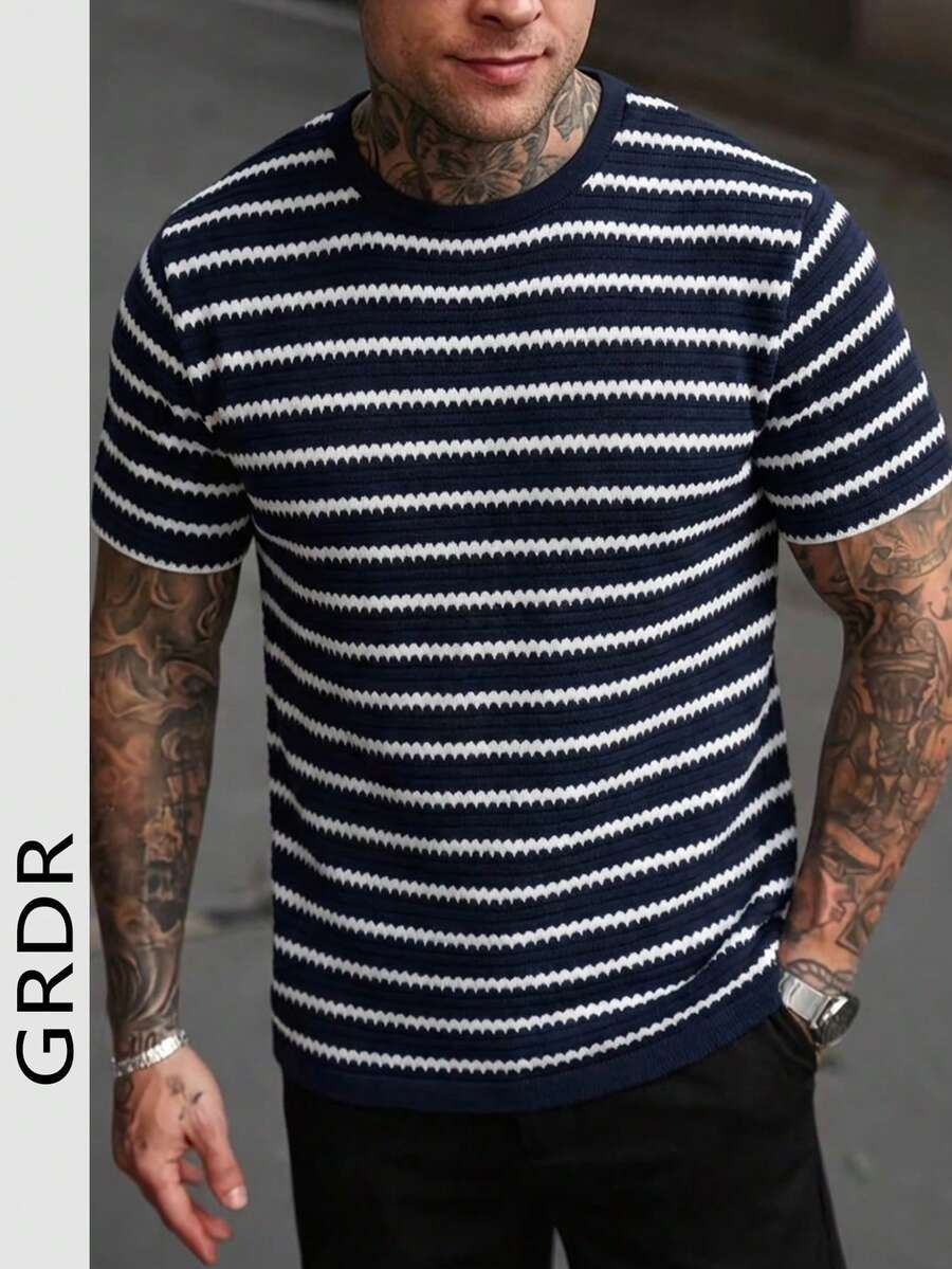 GRDR Men's Fashionable Crew Neck Short Sleeve T-Shirt | Exquisite Design | Summer Essential | Easy To Match | Showcase Your Style - Navy Blue - View 1
