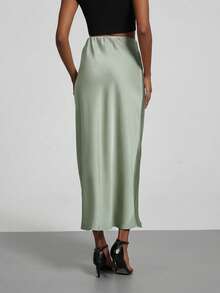 Women's Fashion All-Season Satin Elastic Waist Maxi Skirt Spring - Pine Green - View 10