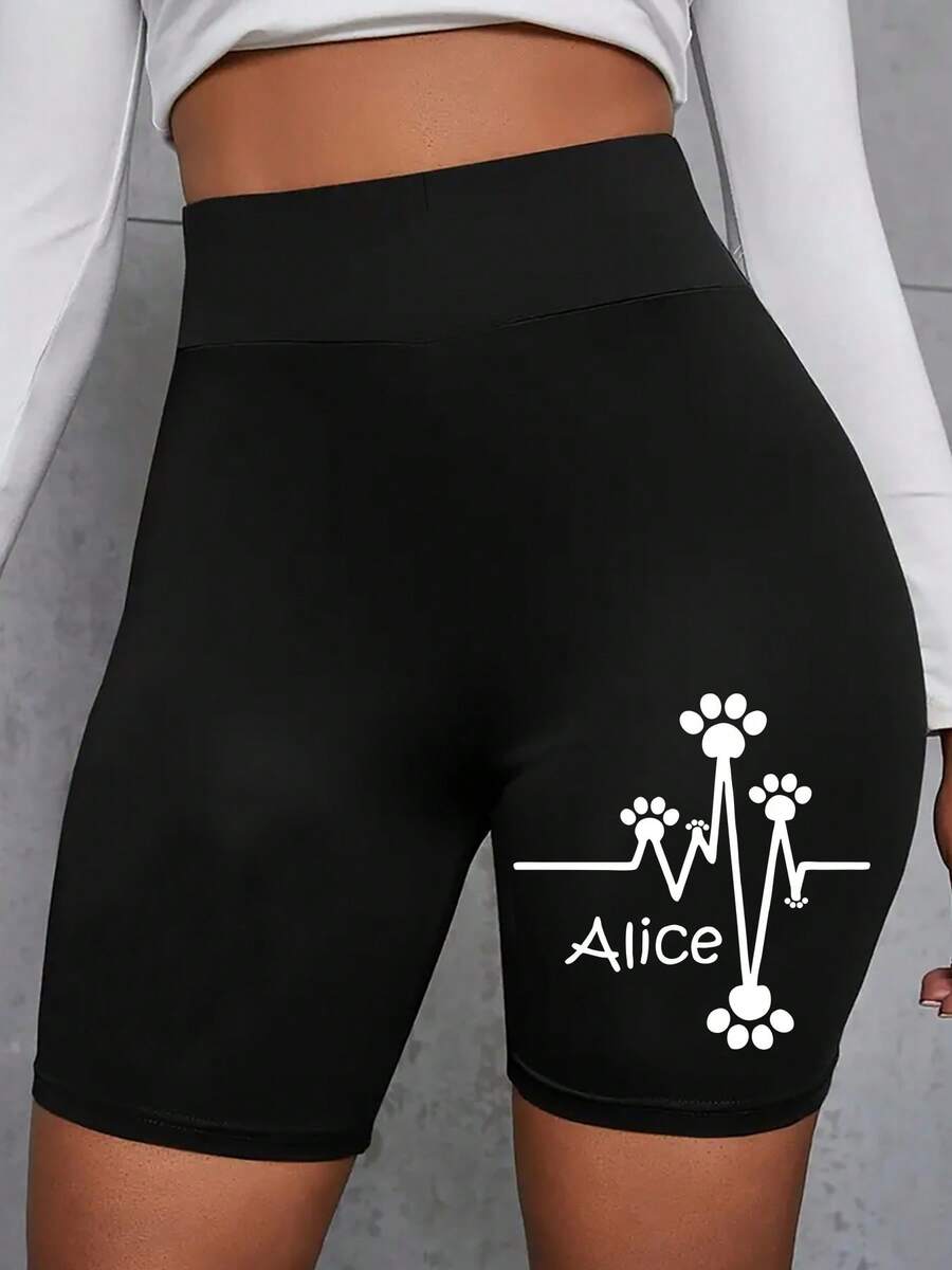 Women'S High-Waisted Casual Shor With Summer ECG Dog Paw Print Letter Patterns - Black - View 1