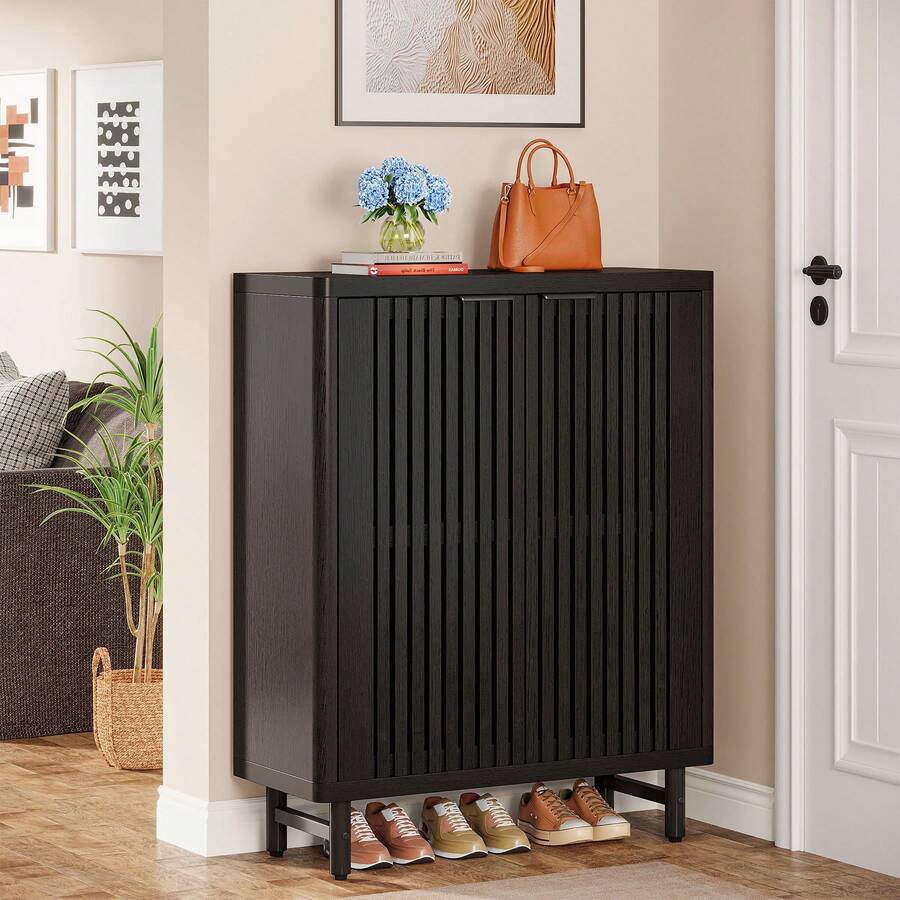 LITTLE TREE 29.53" 6-Tier Shoe Cabinet With Shutter Doors For Small Spaces,Retro Freestanding Shoe Organizer With Adjustable Shelves, Space-Saving Shoe Rack For Entryway Hallway Closet Apartment,Black&Dark Walnut - 黑色 - 查看 1