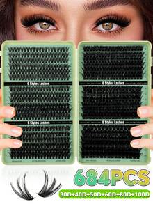 720片装高容量DIY假睫毛套装，8-16mm，10D-150D D型卷翘度，自然蓬松浓密，适合初学者和日常使用，可用于婚礼、户外活动、旅行、派对、音乐节等场合，是送给妈妈和女朋友的绝佳礼物，多款睫毛组合套装 - 綠色 - 查看 3