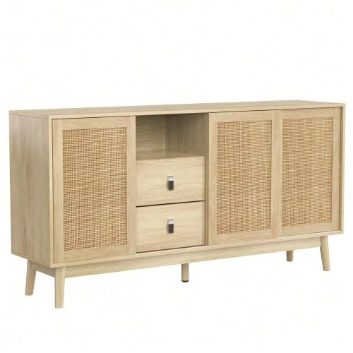 Sideboard With 3 Sliding Doors Made Of Genuine Rattan And 2 Drawers, 155x38x80 Cm, Breathable, Stable And Versatile. - Màu tự nhiên - Xem 10