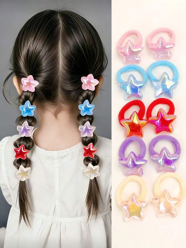 10pcs/20pcs Star & Moon Shaped Hair Ties For Girls, Cute Glittery Hair Elastics, Sweet Hair Accessories For Daily Wear