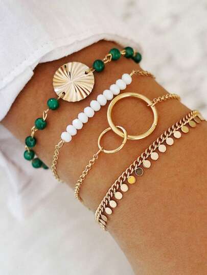 时尚亮片流苏水波纹手链 - 手工串珠几何设计套装 - 四件套手链