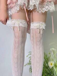 1 Pair Women's Spring/Summer Hollow Heart Net Stockings With Pearl Bow Over-The-Knee Thigh High Socks - White 3 - View 5
