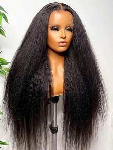 Tóc giả Yaki Straight Lace Front Blended Hair Wigs, mật độ 180%, kích thước 13x4, kiểu tóc xoăn tự nhiên, màu sắc trung bình. - Tự nhiên & Đen - Xem 5
