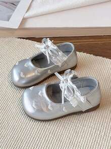 1 Pair Girls' Heart Embroidery Princess Shoes, New Lace Shoes, Soft Sole, Non-Slip, Comfortable, Durable - Silver - View 2