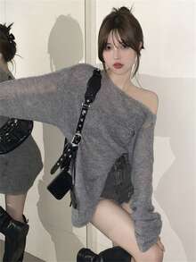 女士透视做旧露肩针织衫，柔软可爱朋克风必备单品，个性街头风长袖宽松镂空做旧细节灰色针织衫，灰色慵懒镂空针织衫，薄款宽松露肩毛衣，性感透视罩衫 - 灰色 - 查看 3