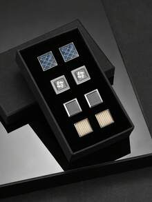 4 pares de gemelos de diseño de cuadrícula cuadrada de cobre, accesorios clásicos para hombres con caja de regalo - Multicolor - Ver 1