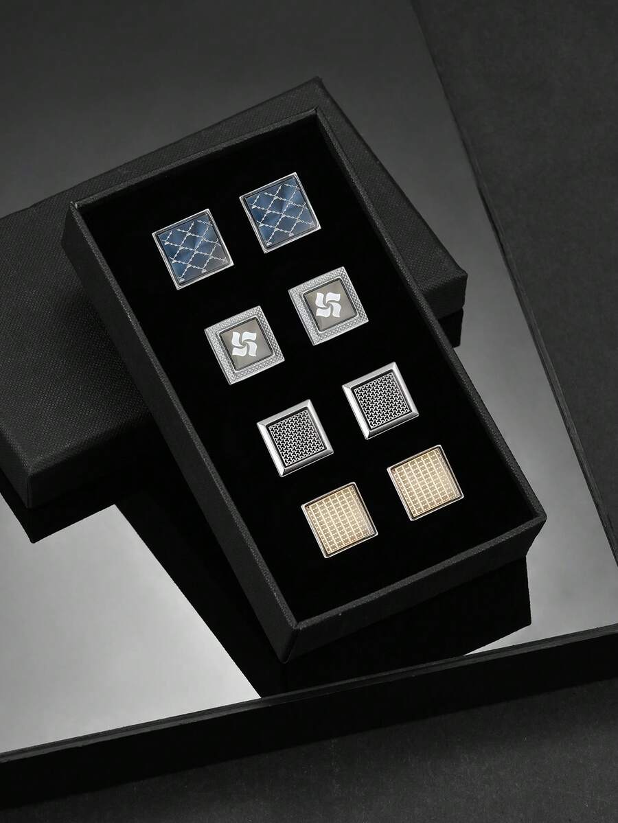 4 pares de gemelos de diseño de cuadrícula cuadrada de cobre, accesorios clásicos para hombres con caja de regalo - Multicolor - Ver 1