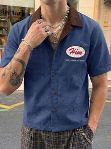 男士实用风格印花衬衫，宽松版型，撞色领衬衫，复古徽章印花上衣，兼具时尚与实用性，适合街头服饰。 - 彩色 - 查看 3