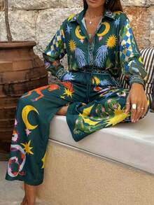 Women's All-Over Print Shirt And Pants Shirt And Elastic Waist Trousers Set Summer Outfits For Women - 多色3 - 查看 1
