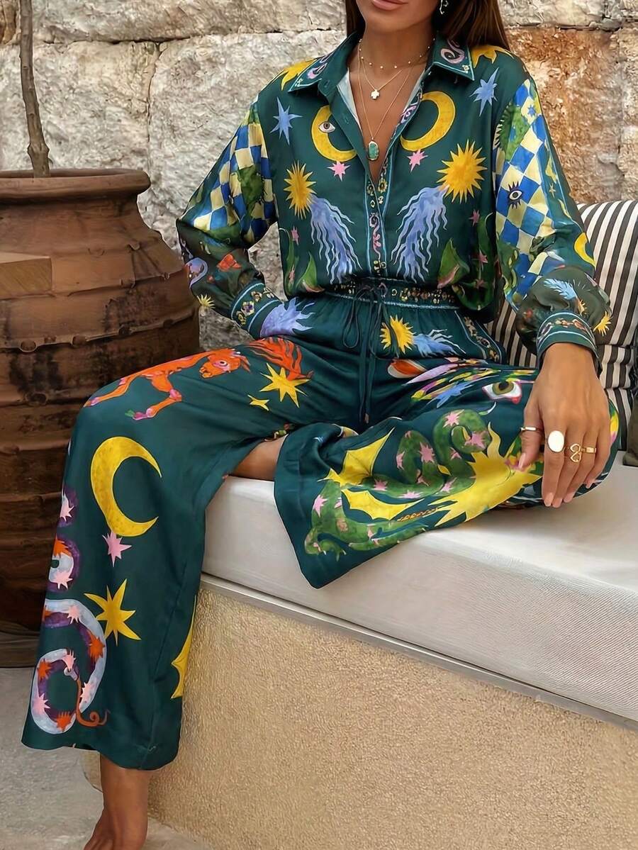 Women's All-Over Print Shirt And Pants Shirt And Elastic Waist Trousers Set Summer Outfits For Women - 多色3 - 查看 1