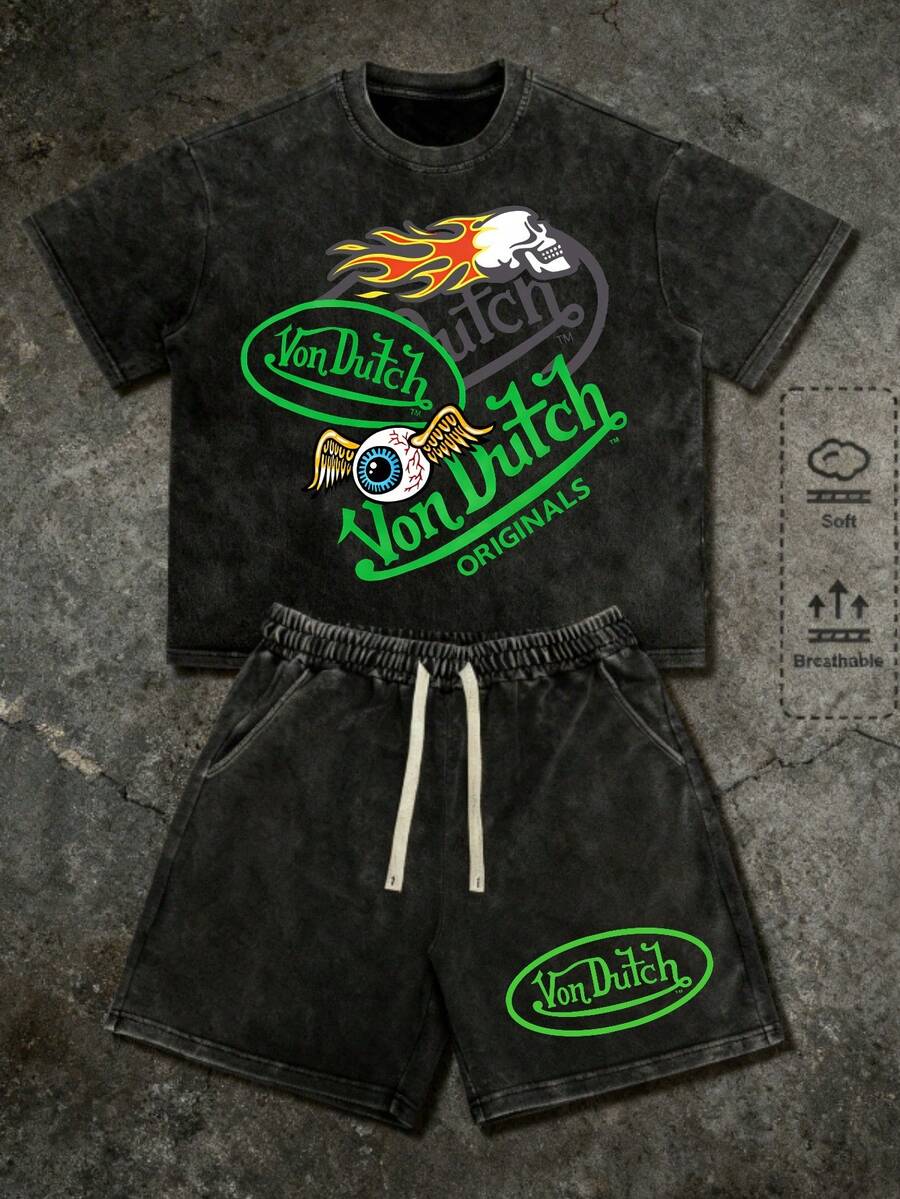 Pure Cotton Washed T Shirt And Shorts Set Vonn Dutch Originals Print Soft Comfortable Perfect For Daily Outfits Outdoor Activities Fitness And Travel Resistant To Dirt Easy To Clean Easy To Put On And Take Off Fashionable Versatile Ideal Gift For Relatives And Friends High End Texture - 黑色 - 查看 1
