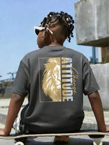 Boys "Attitude Changer" Lion Graphic Loose T-Shirt, Children Cool Street Style Summer Top - Dark Grey - View 7