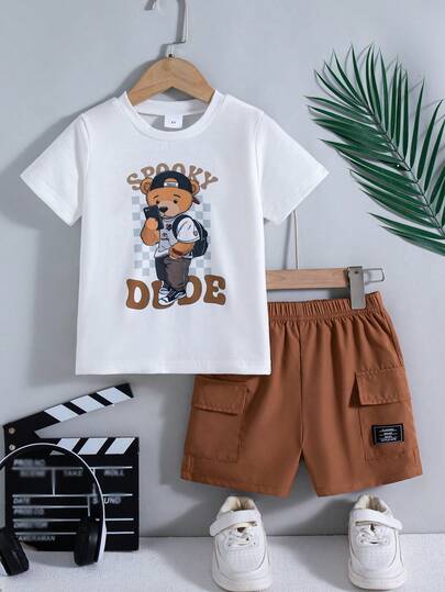 2pcs/Set Boys Casual Cartoon Print Decorated Short Sleeve T-Shirt And Shorts With Pockets, Summer Outfit