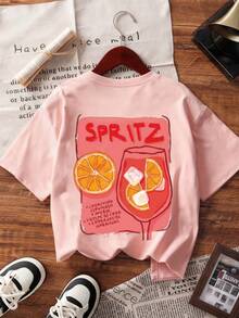 1 buc Tricou de vară pentru femei, cu guler rotund, mânecă scurtă, model cu imprimeu cocktail și lămâie, roz casual - Roz - Vizualizare 4