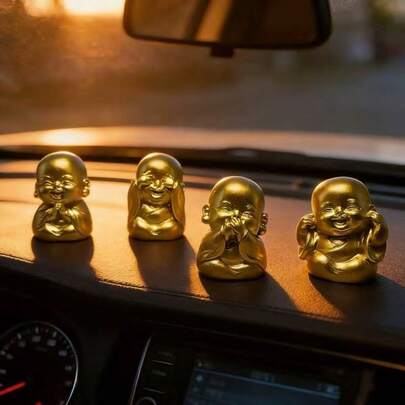 4pcs Gold-Color Four Heavenly Kings Little Monk Car Decor - Cute Buddha Statue Ornament, Bring Wealth & Blessing, Zen Home Decoration Car Accessories