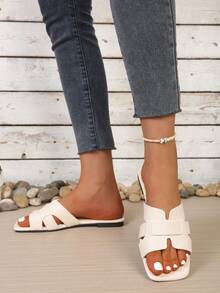 Sandalias planas deslizantes para mujer, diseño floral con estampado de cocodrilo de punta cuadrada, color beige, adecuadas para vestidos en verano - Beis - Ver 8