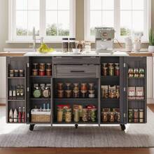 120*45 Cm, Mobile Kitchen Island, Kitchen Trolley, Worktop Extendable Up To 70 Cm, Hidden Cutlery Drawer, Adjustable Shelves, Spice Rack And Towel Rack, Suitable For Kitchen, Dining Room Or Living Room. - Grey - View 4