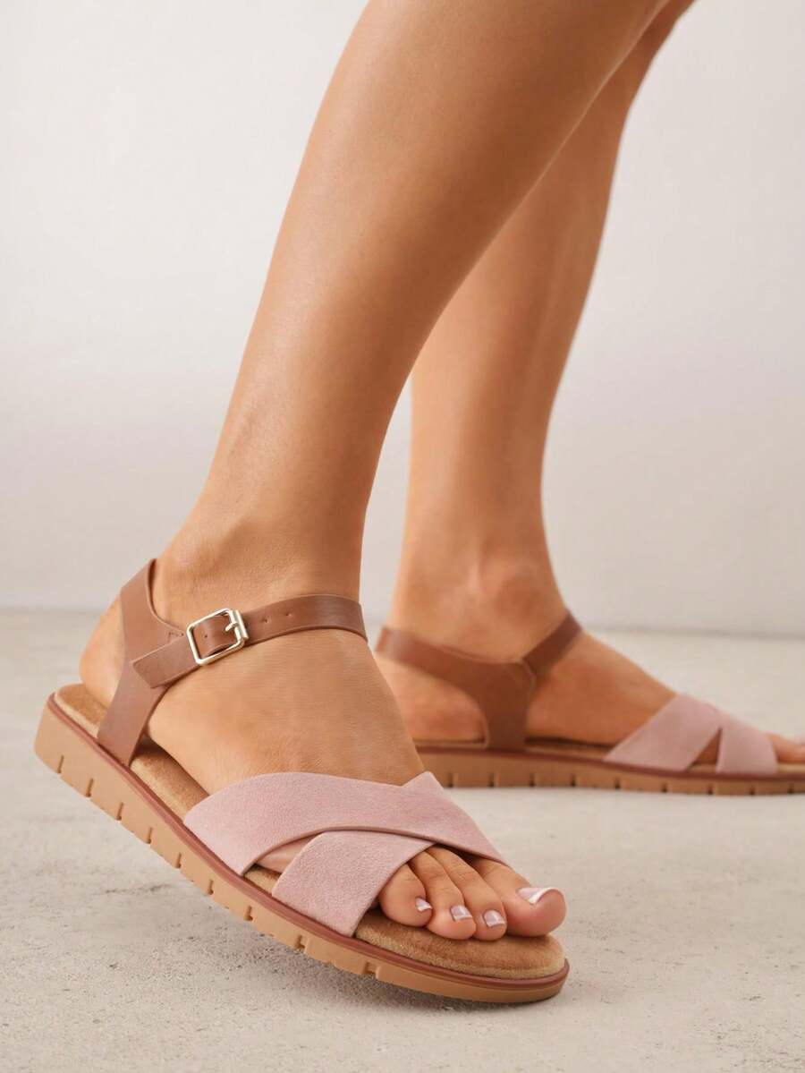 VICES Flat Sandals With X-Shaped Strap - Pink - View 1