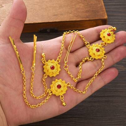 1pc Golden Color Elegant Luxurious Red Crystal Flower Headchain, Classic Minimalist Women's Headpiece, Suitable For Middle Eastern Daily Wear, African Arabian Party, Festival, Birthday, Wedding Elegant Jewelry