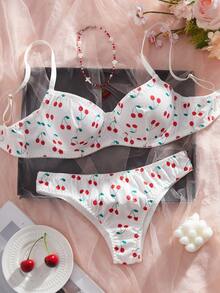 Women's Lingerie Set, Sweet Cherry All-Over Print Textured Comfortable Underwire Bra And Panty 2 Pieces Set - White - View 6