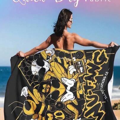 Khăn tắm biển Hip Hop Bee - Sợi microfiber nhanh khô, siêu thấm hút, chống gió và chống nắng - Thiết kế màu vàng và đen rực rỡ với chủ đề DJ, ong và âm nhạc - Lý tưởng cho bãi biển, du lịch, cắm trại và kỳ nghỉ, phụ kiện du lịch | Thiết kế Hip Hop | Khăn microfiber