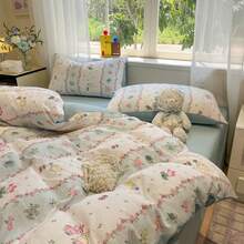 4 piezas Juego de ropa de cama suave y cómodo con estilo INS, estampado de conejo y fresa (1 Edredón + 2 Fundas de almohada + 1 Sábana plana, sin relleno), Juego de ropa de cama reversible con estampado de conejo a rayas, Edredón de jacquard de nube transpirable, Adecuado para dormitorio, habitación de invitados - verde menta - Ver 4