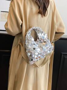 1个优雅亮片闪亮迷你手提包，简约晚宴包，适合女士约会、舞会、派对等场合 - 銀色 - 查看 6