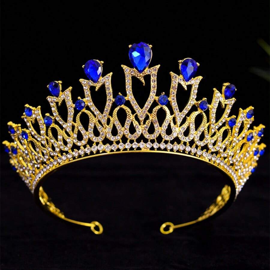 Vương miện cài tóc kiểu dáng cung điện châu Âu Bohemian, làm từ hợp kim pha lê, nhiều lớp, họa tiết cuộn rỗng, trang trọng, lãng mạn và bóng bẩy, thanh lịch, cao cấp, mang phong cách retro và đa năng. - Màu xanh lam - Xem 1