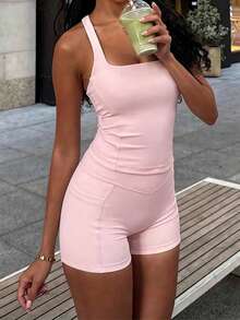 GAOVOT Women's 2 Pieces Sports Set, Summer Sexy Tank Top With Padded Chest And High-Waisted Pocket Shorts, Suitable For Yoga, Cycling And Fitness Pink - 粉色 - 查看 5