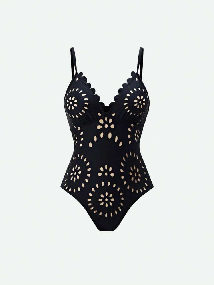 Traje de baño de mujer con almohadillas extraíbles, de tela de nailon, diseño de patrón hueco, tirantes de espagueti ajustables, sexy y elegante, adecuado para la playa, fiestas, uso de verano. Almohadillas extraíbles, ropa de verano para mujer - Negro - Añade 3