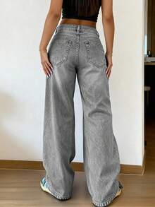 Jeans rectos holgados y apilados de estilo vintage para mujer, casuales - Gris Claro - Ver 3