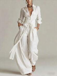 2026 Spring New Women's Fashion Elegant Solid Color Collar Top And Casual High-Waist Long Pants Two-Piece Set - 白色 - 查看 1