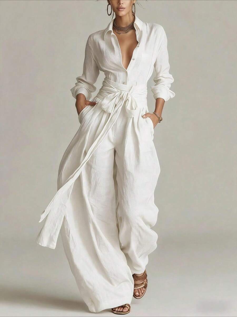 2026 Spring New Women's Fashion Elegant Solid Color Collar Top And Casual High-Waist Long Pants Two-Piece Set - 白色 - 查看 1