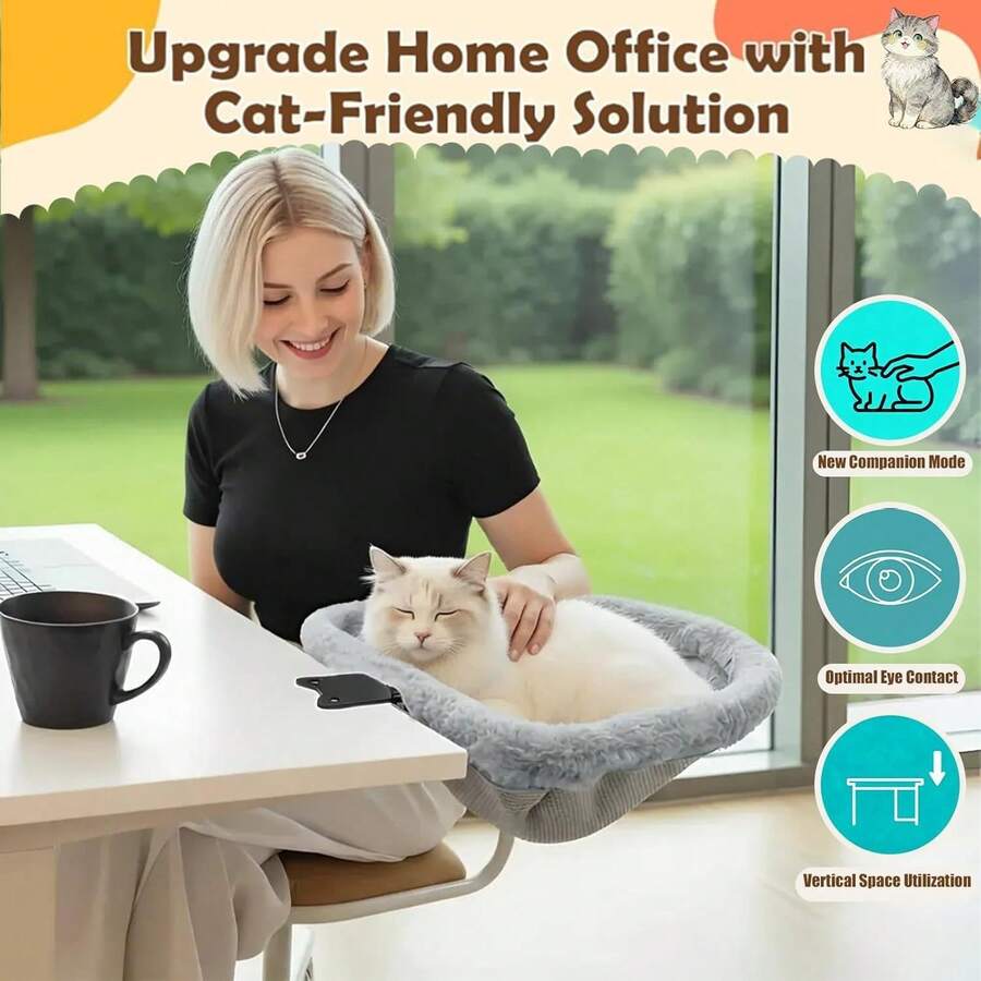 Desk Cat Bed Foldable Hanging Cat Hammock,Round Cat Nest Space-Saving Cat Perch For Office Computer Desk,Foldable Cat Desk And Bed, Adjustable Cat Hammock - Grey - View 1