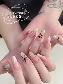 30 piezas de pegatinas de uñas con forma de lágrima, con un patrón de árbol de coco degradado sobre una base rosa nude y amarillo pálido, decoración de árbol de coco y diamantes pintados a mano, con un estilo tropical fresco adecuado para atuendos de primavera, vacaciones o uso diario, que presenta un efecto brillante y vibrante - Multicolor - Ver 2