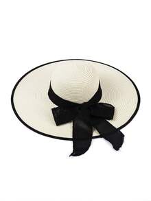 1 Pc Solid Color Casual Elegant Bohemian Straw Bow Wide Brim Round Top Sun Hat, UV Protection, Wind Proof, Decorative Strap, Fashionable, Versatile, Suitable For Commuting And Vacation, All Seasons - Round Straw Hat - View 26