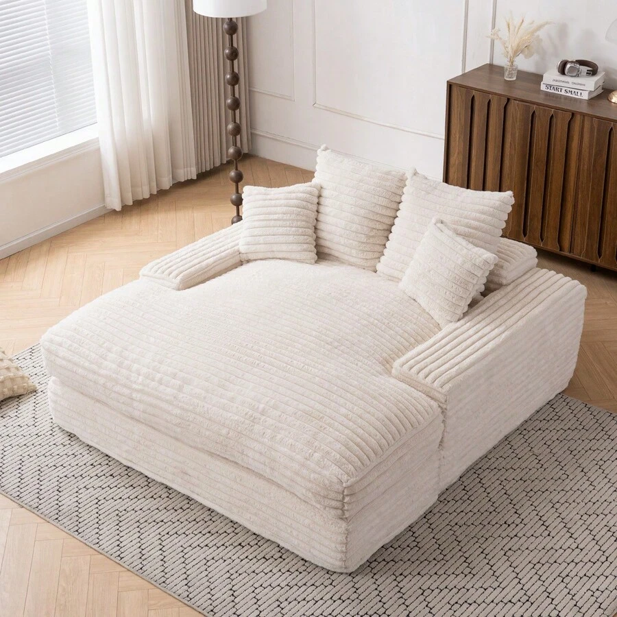 028DR-Sillón chaise longue de gran tamaño, sofá cama tapizado con 4 cojines decorativos y reposabrazos, sillón cama de felpa de tela de pana para sala de estar, apartamento y espacios pequeños, beige - Negro + Pana + Espuma - Ver 1