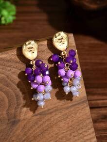 1 Pair Fresh & Fashionable Sweet Purple Dopamine Crystal Grape Cluster Earrings, Vintage Creative Handmade Beaded Grape Crystal Earrings Suitable For Women's Daily, Vacation, Party Wear (Handmade Seed Bead Color, Position And Quantity Random) - Purple - View 3