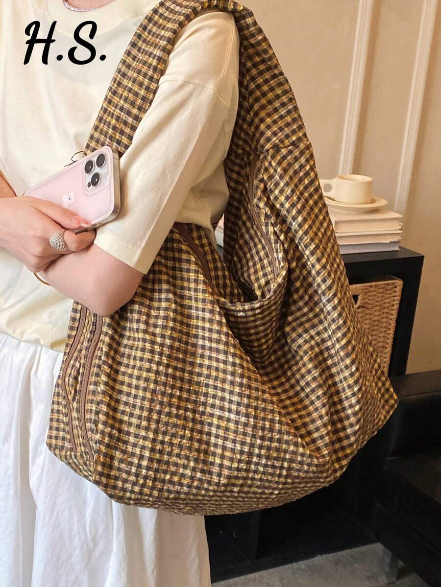 Retro Small Plaid Pleated Large Capacity Tote Bag, Loose Casual Style Versatile Shoulder Bag For Women, Artistic Mori Style Plaid Tote, Casual Versatile Shopping Cloth Bag, College Style Schoolbag For Students, Short Trip Travel Bag, Multi-Pocket Zoned Cloth Bag
