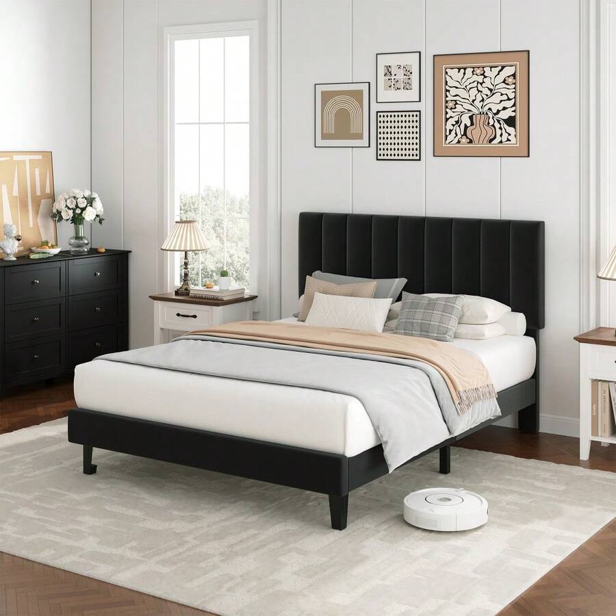 Full Size Bed Frame With Adjustable Height Headboard, Upholstered Platform Bed Frame With Vertical Channel Tufted Design, Sturdy Wooden Slats For Noise-Free Support, No Box Spring Needed - Black - View 1