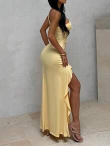 WOWDARK 黄色夏季连衣裙，优雅开衩荷叶边露肩派对礼服，适合情人节、约会、聚会、派对、旅行、度假、海滩婚礼等场合。 - 黃色 - 查看 5