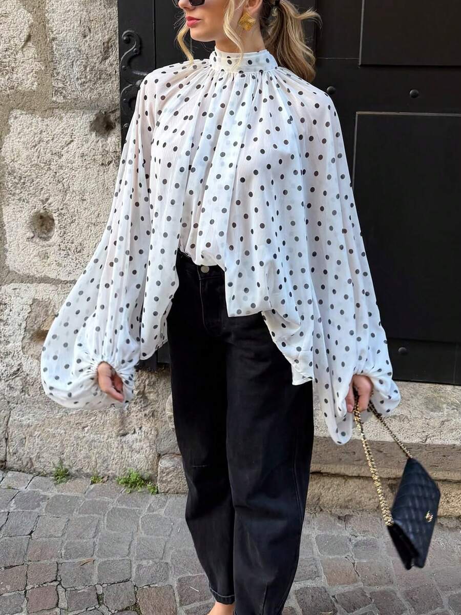 Elio Closet 女士夏季休闲度假简约优雅撞色波点半透明灯笼袖衬衫,Y2K 性感优雅夏季穿搭,适合海滩度假、通勤上班、毕业典礼、派对、假日、办公室、返校等场合。 - 黑與白 - 查看 1