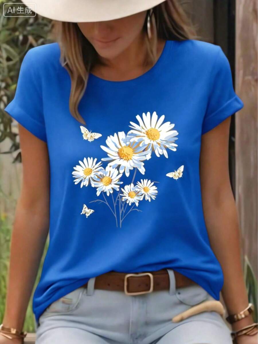 2026 Women's Round Neck Casual T-Shirt, White Daisy And Butterfly Print T-Shirt, Fresh And Natural Style, Countryside Floral And Insect Design, Round Neck Top, Breathable, Lightweight And Comfortable, Perfect For Spring And Summer, White Tops, Valentines Day Outfit, Mardi Gras, Summer Tops,   For Women, Valentine Outfits For Women, Women Tops, Fairycore, Superbowl, Elegant Women's Clothing - 藍色 - 查看 1
