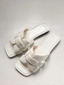 Sandales plates pour femmes, design mode carré orteil blanc avec motif floral gaufré crocodile, convient pour les robes, l'été - Blanc - Voir 5